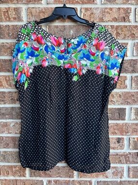 Odille Black Polka Dot Blouse with Bright Floral Yoke
